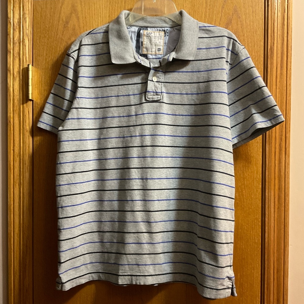 GAP Men’s Gray with Black and Blue Stripes Cotton Polo Shirt with Two Buttons.